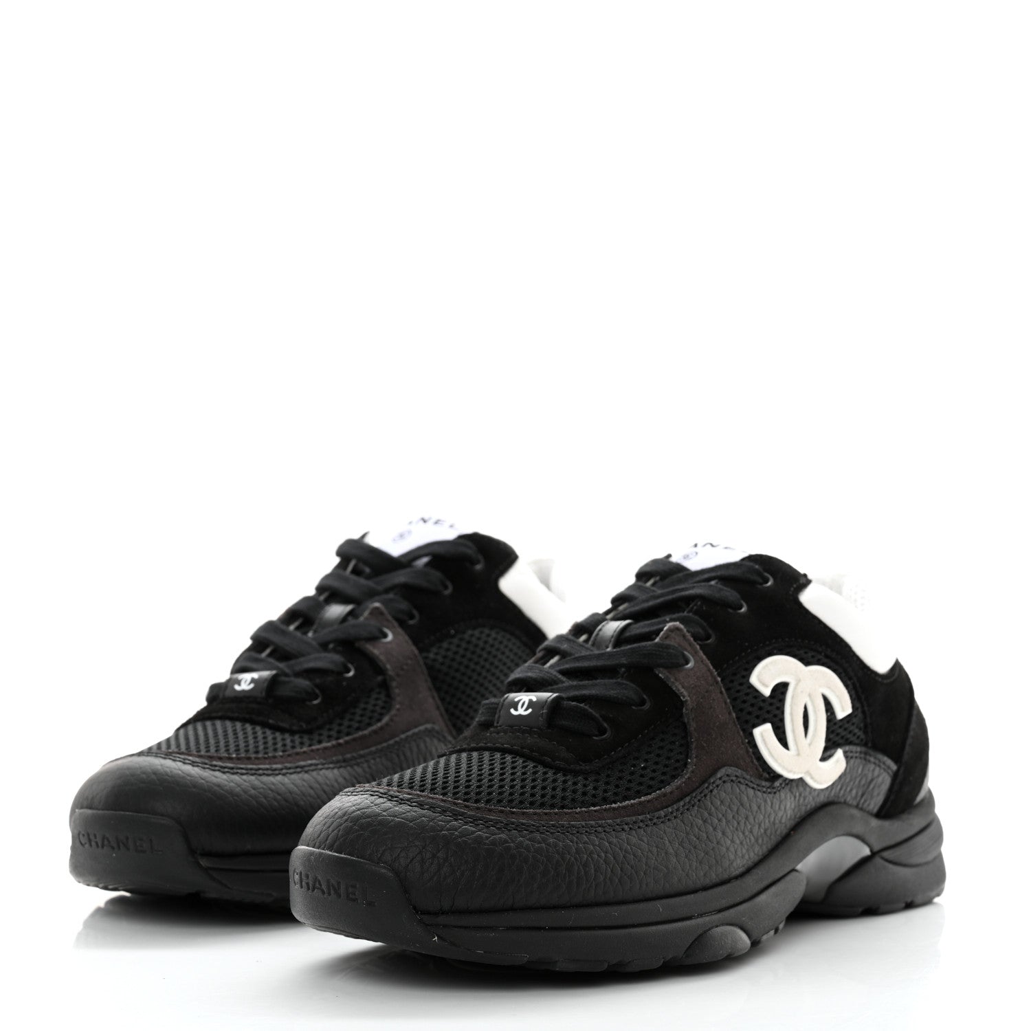 Chanel Mesh Suede Grained Calfskin Womens CC Sneakers 39.5 Black White 3 of 12