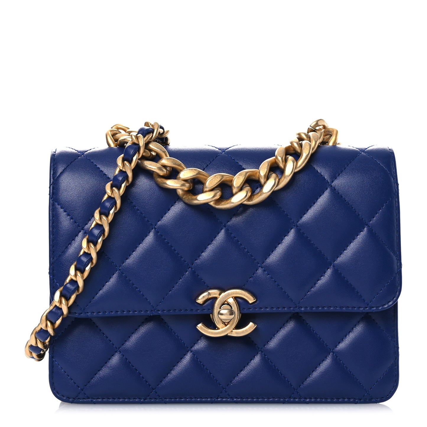 Calfskin Quilted Small Dual Handle Chain Flap Bag  Blue