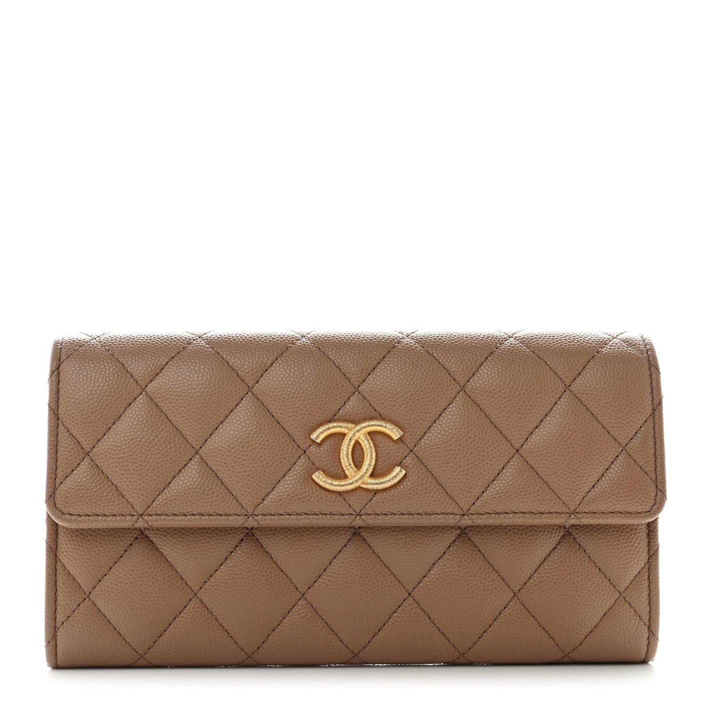 Caviar Quilted Chain CC Long Flap Wallet Dark Beige