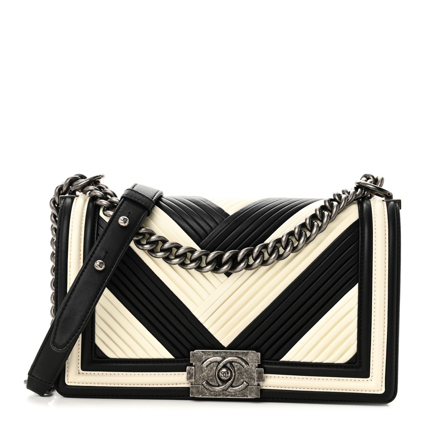 Chanel Calfskin Pleated Medium Boy In Rome Flap Black White 1 of 11