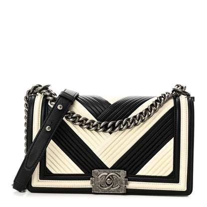 Chanel Calfskin Pleated Medium Boy In Rome Flap Black White 1 of 11