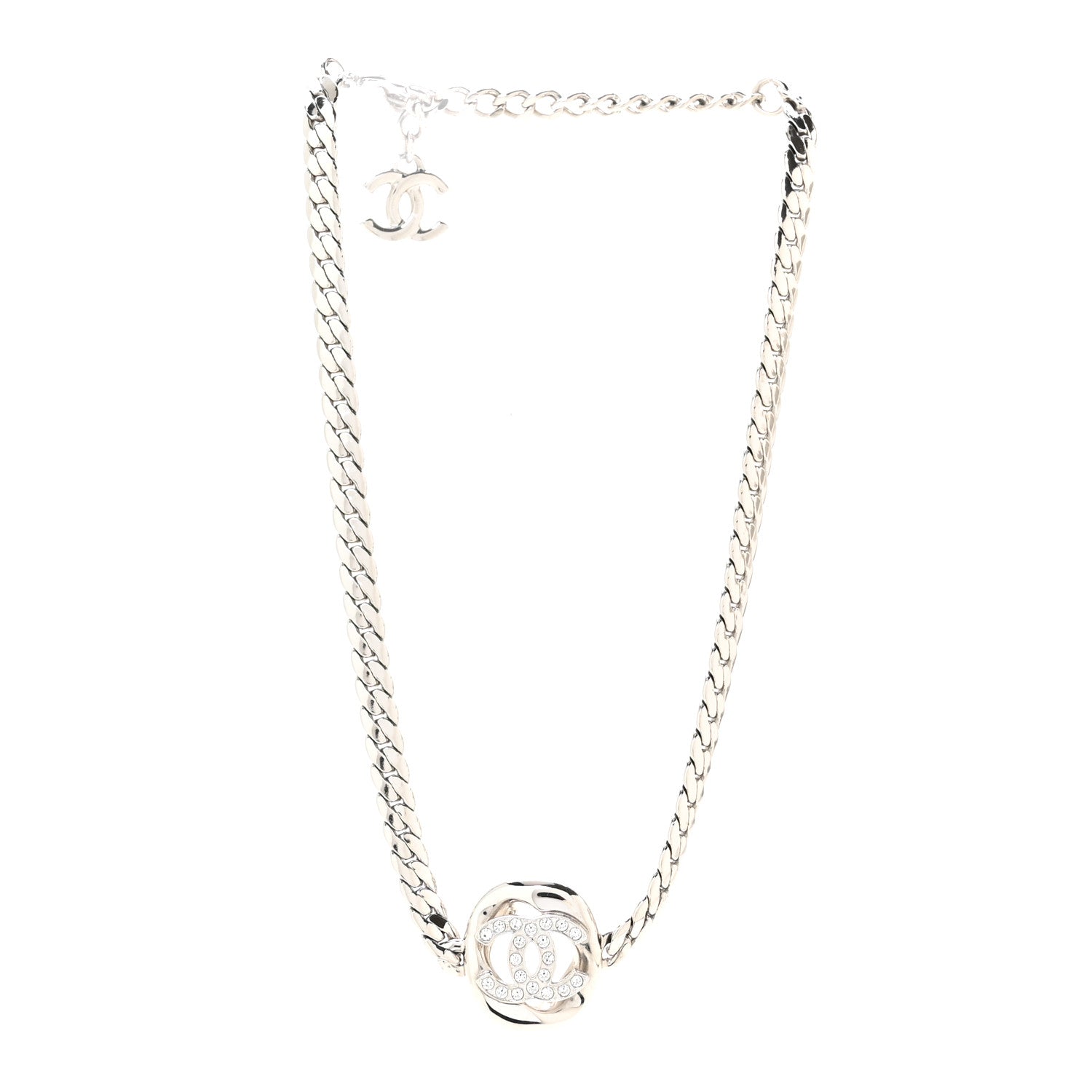 Chanel Metal Crystal CC Choker Necklace Silver 3 of 5