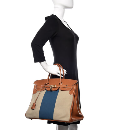 Hermes Toile Natural Barenia Flag Birkin 40 Fauve 2 of 33