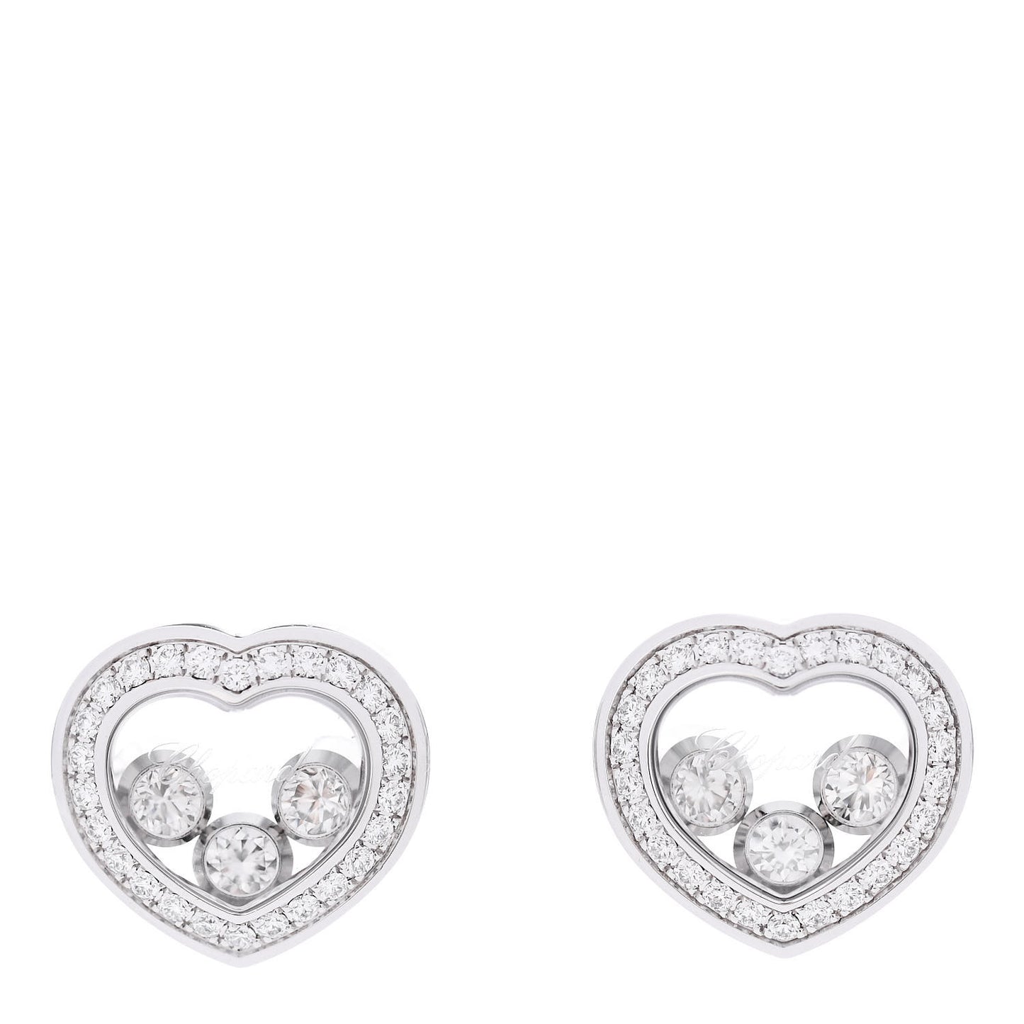18K White Gold Diamond 3 Floating Happy Diamonds Heart Earrings