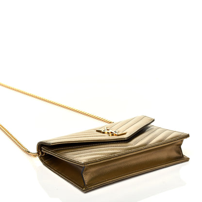 Saint Laurent Metallic Calfskin Matelasse Chevron Monogram Envelope Chain Wallet Gold 4 of 10