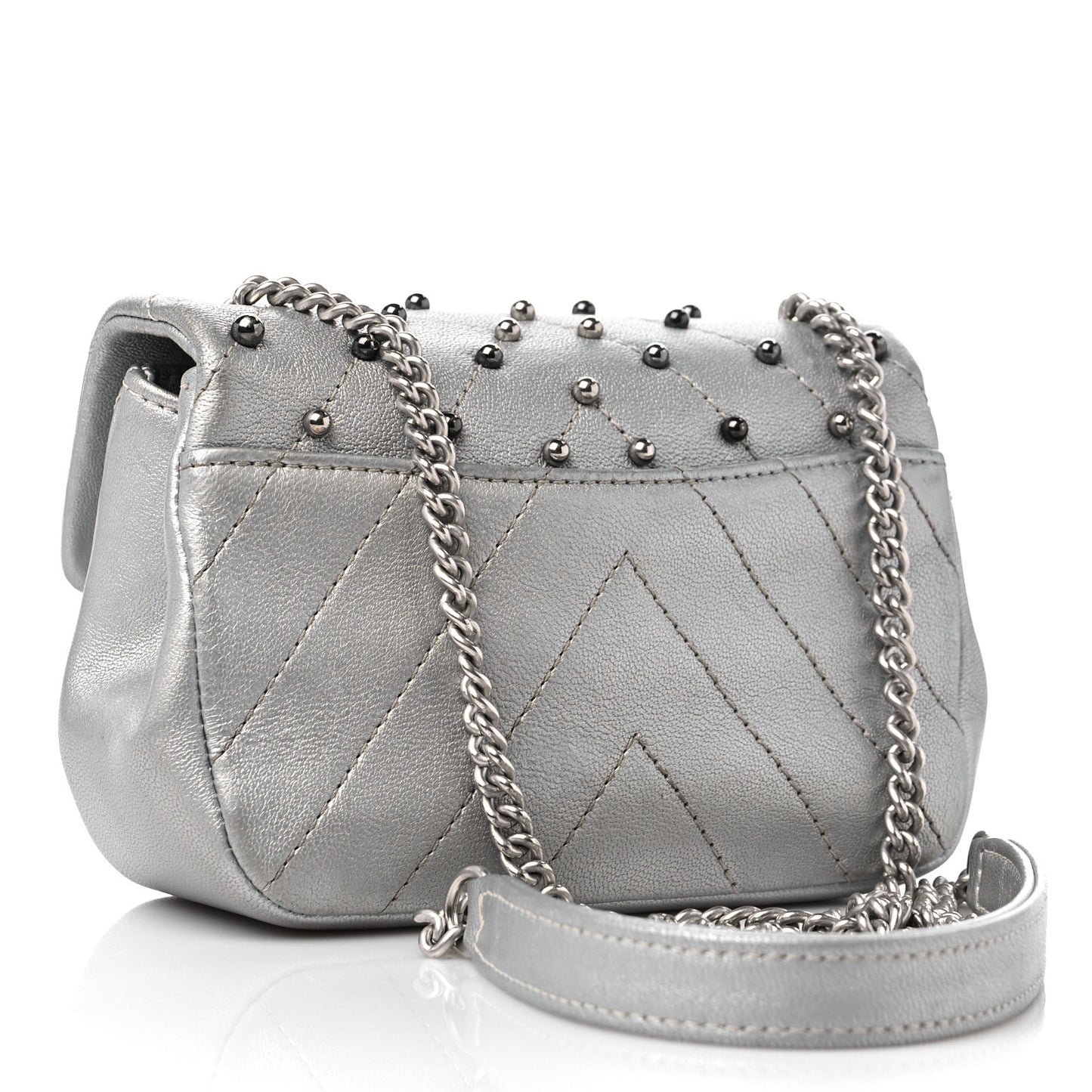 Metallic Lambskin Chevron Quilted Studded Extra Mini Flap Silver