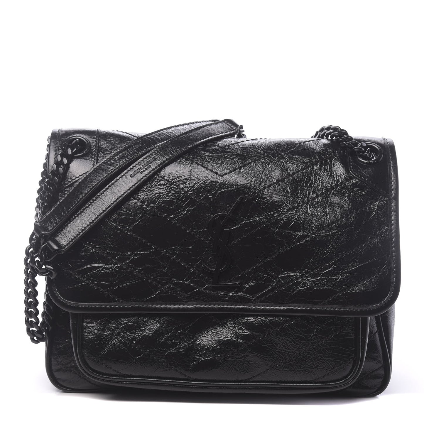 Crinkled Calfskin Matelasse Monogram Medium Niki Chain Satchel Black