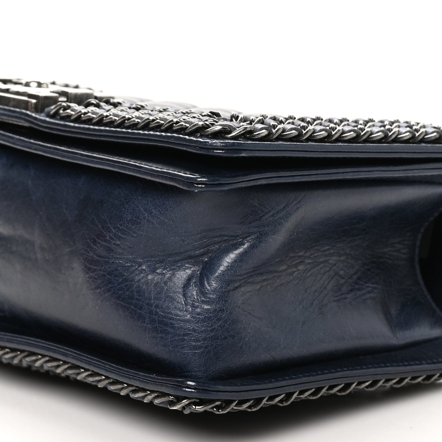 Glazed Calfskin Quilted Medium Boy Chained Flap Blue