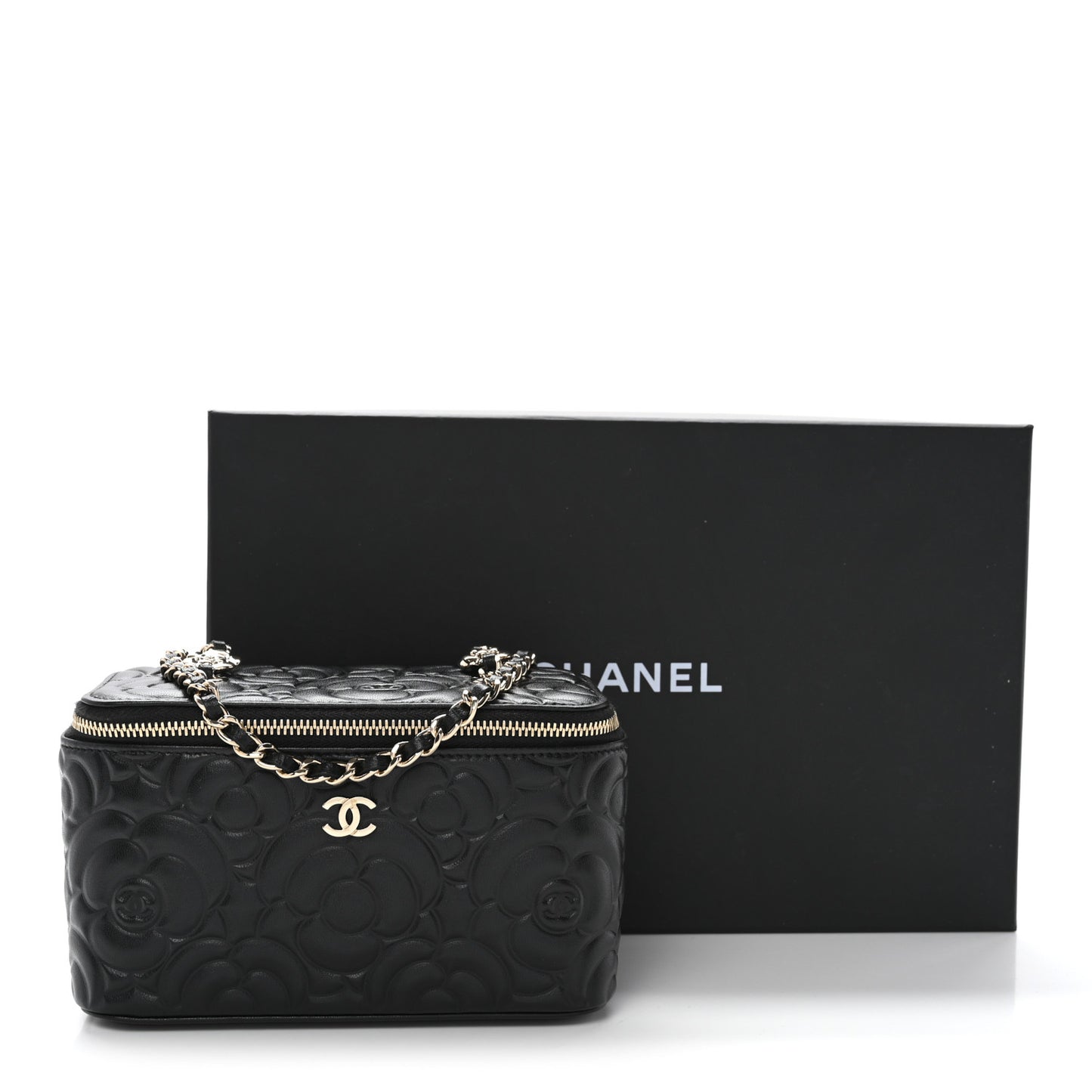 Lambskin Camellia Embossed Small Vanity Case With Chain Black