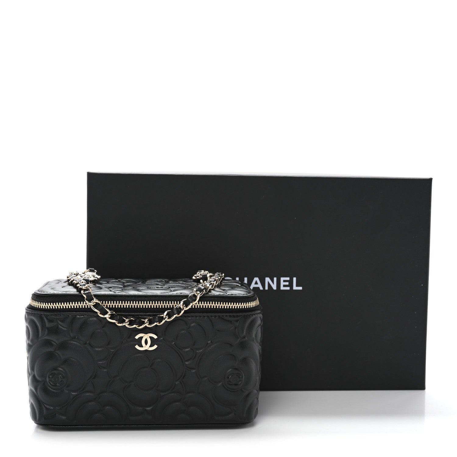 Chanel Lambskin Camellia Embossed Small Vanity Case With Chain Black 11 of 11