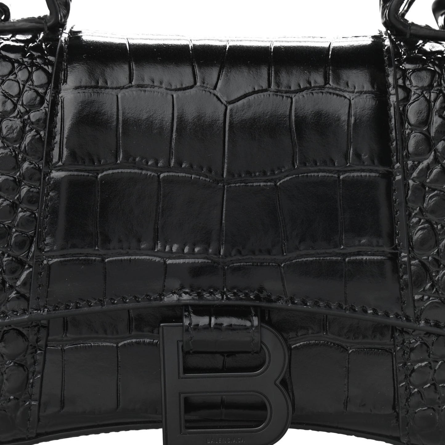 Shiny Calfskin Monochrome Crocodile Embossed Hourglass Top Handle Bag XS Black