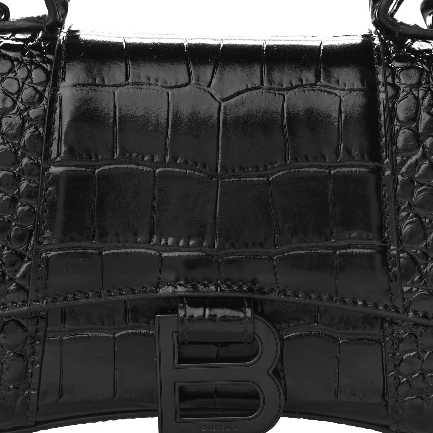 Balenciaga Shiny Calfskin Monochrome Crocodile Embossed Hourglass Top Handle Bag XS Black 7 of 12