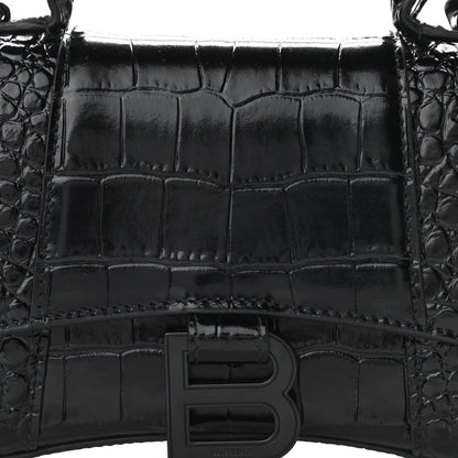 Balenciaga Shiny Calfskin Monochrome Crocodile Embossed Hourglass Top Handle Bag XS Black 7 of 12