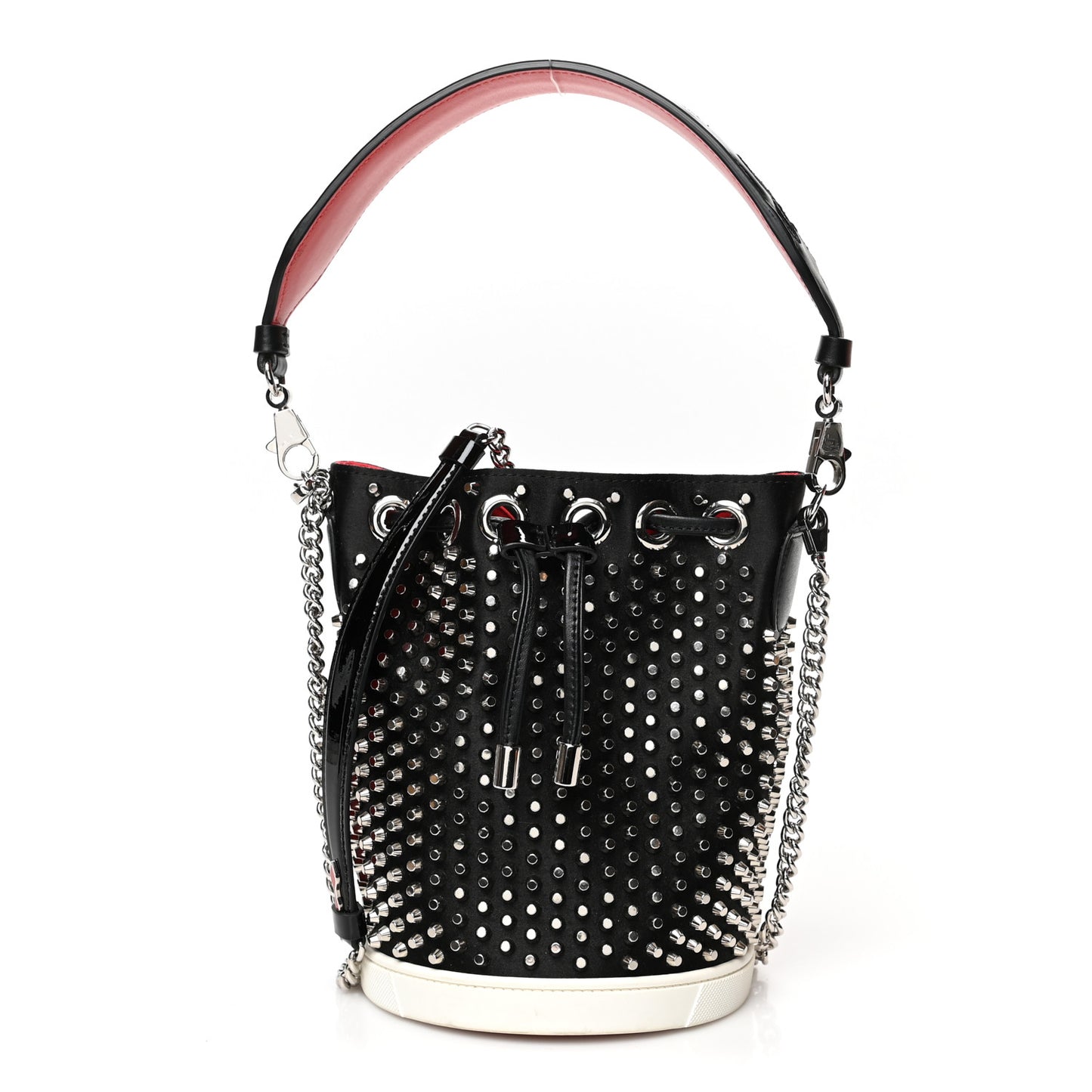 Silk Satin Calfskin Marie Jane Loubirun Studded Bucket Black Silver