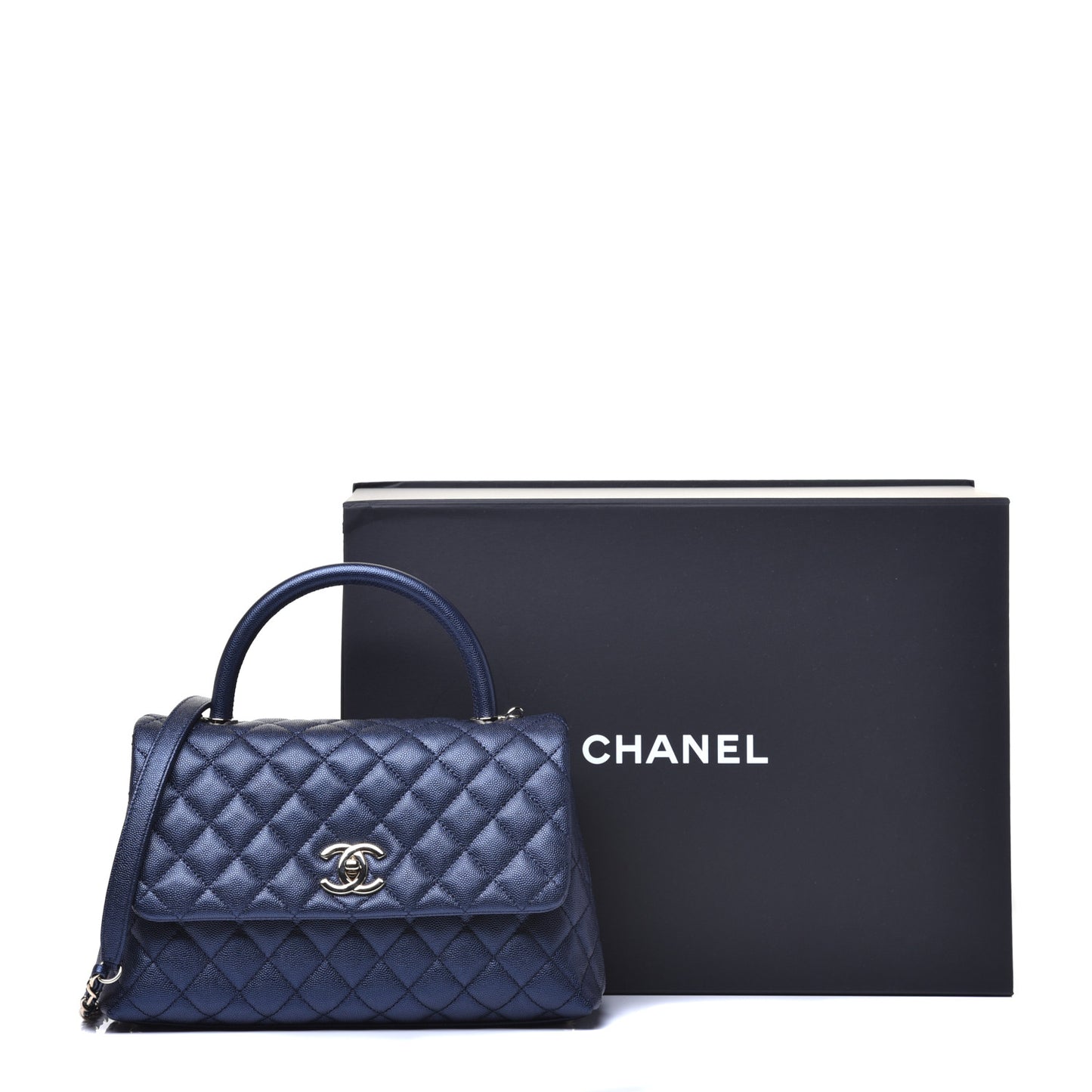 Iridescent Caviar Quilted Small Coco Handle Flap Dark Blue
