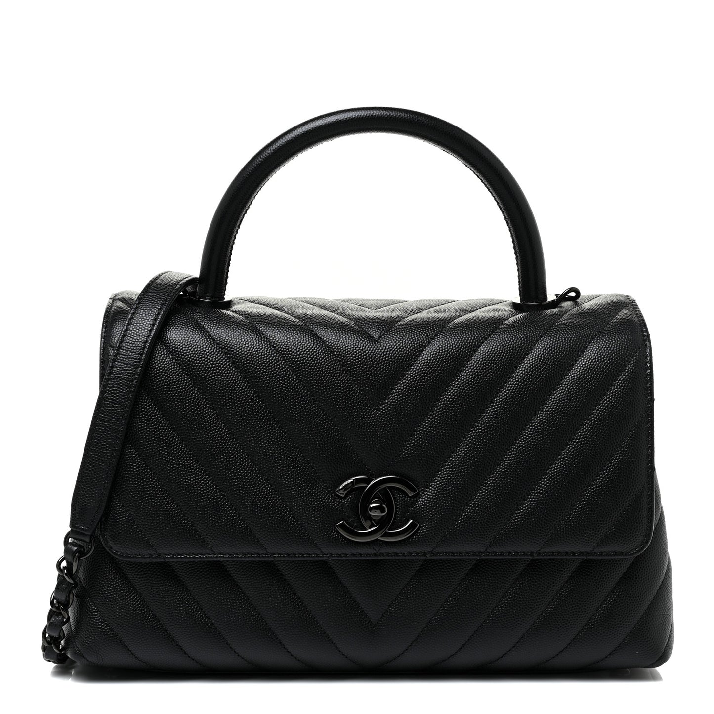 Caviar Chevron Quilted Small Coco Handle Flap So Black