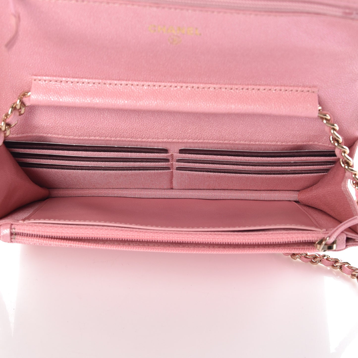 Iridescent Caviar Quilted Wallet on Chain WOC Rose Pink