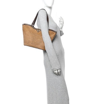 Valentino Garavani Synthetic Raffia Calfskin Rockstud Small Garden Tote Bag Tobacco Cacao 2 of 14