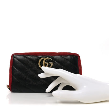 Gucci Vintage Effect Calfskin Matelasse Diagonal Torchon GG Marmont Zip Around Wallet Black Romantic Cherry 2 of 7