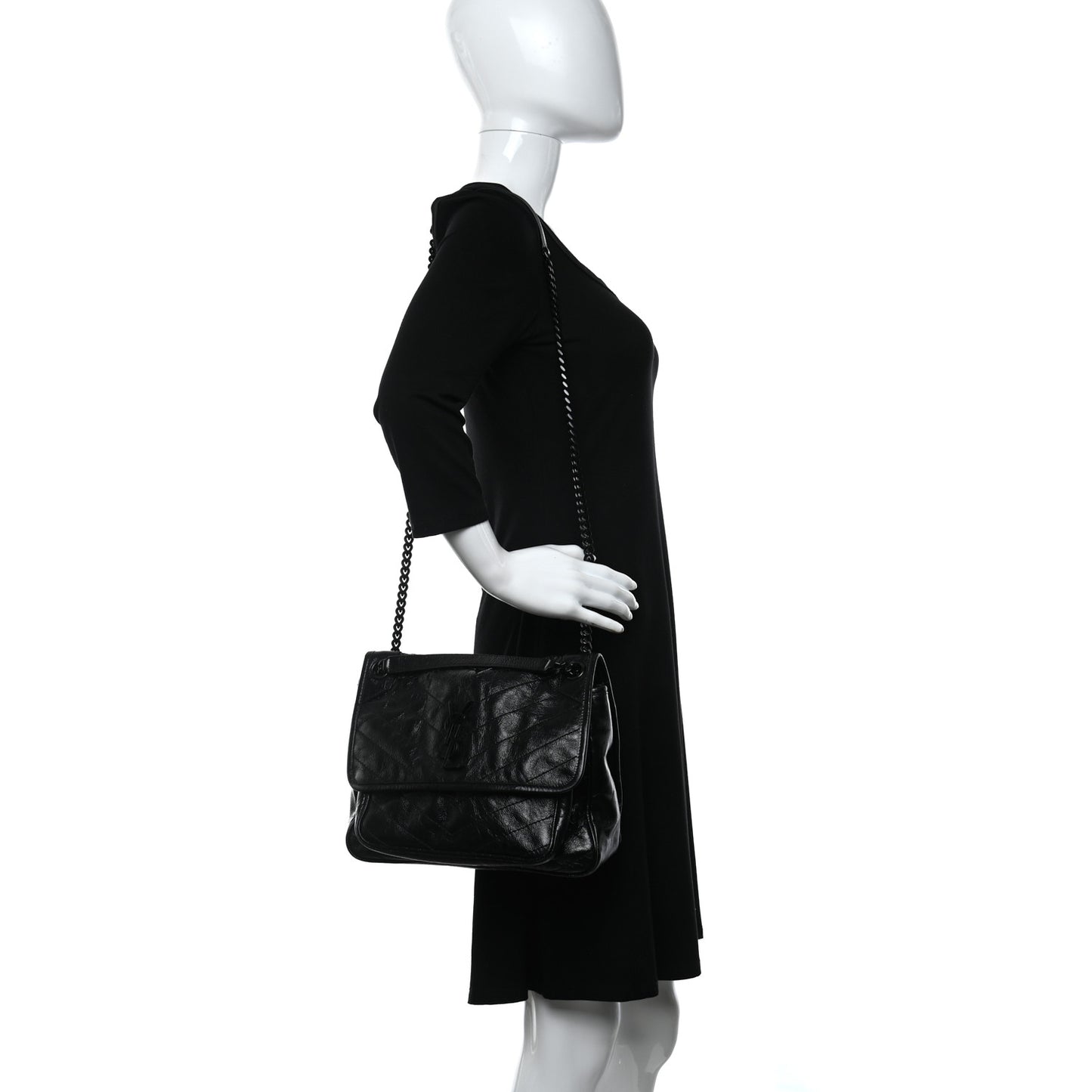 Crinkled Calfskin Matelasse Monogram Medium Niki Chain Satchel Black