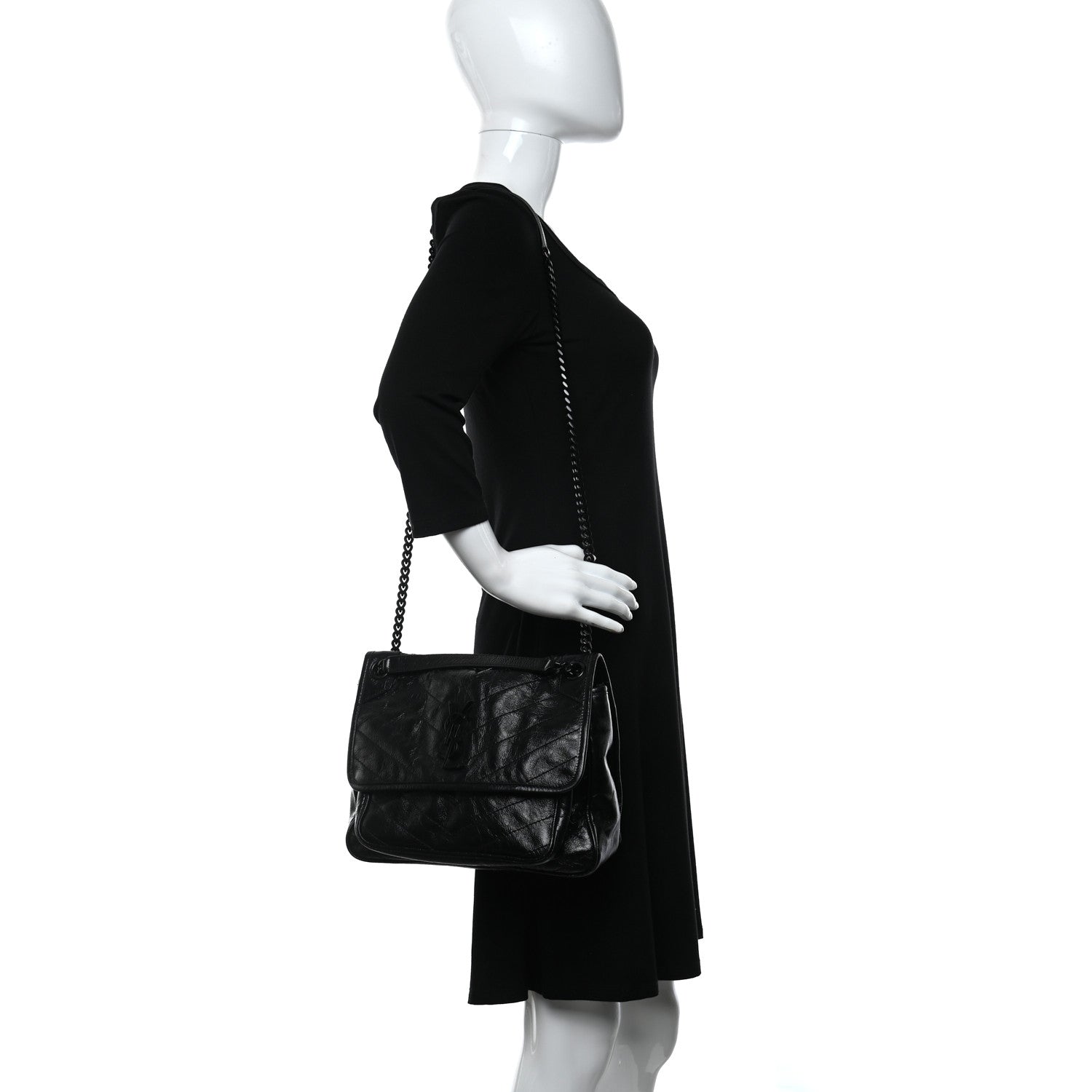 Saint Laurent Crinkled Calfskin Matelasse Monogram Medium Niki Chain Satchel Black 2 of 12