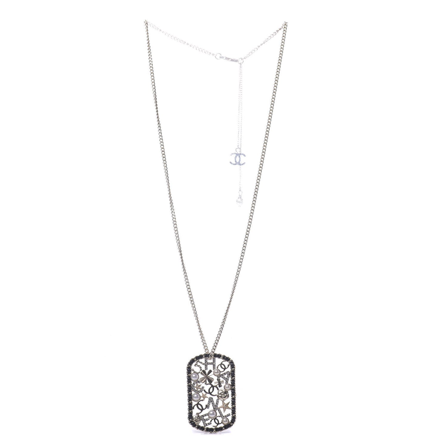 Lambskin Pearl Strass Sergeant Chain Dog Tag Charm Necklace Gold