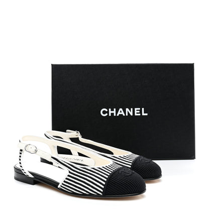Chanel Fabric Grosgrain Cap Toe CC Slingback Flats 37.5 White Black 11 of 11