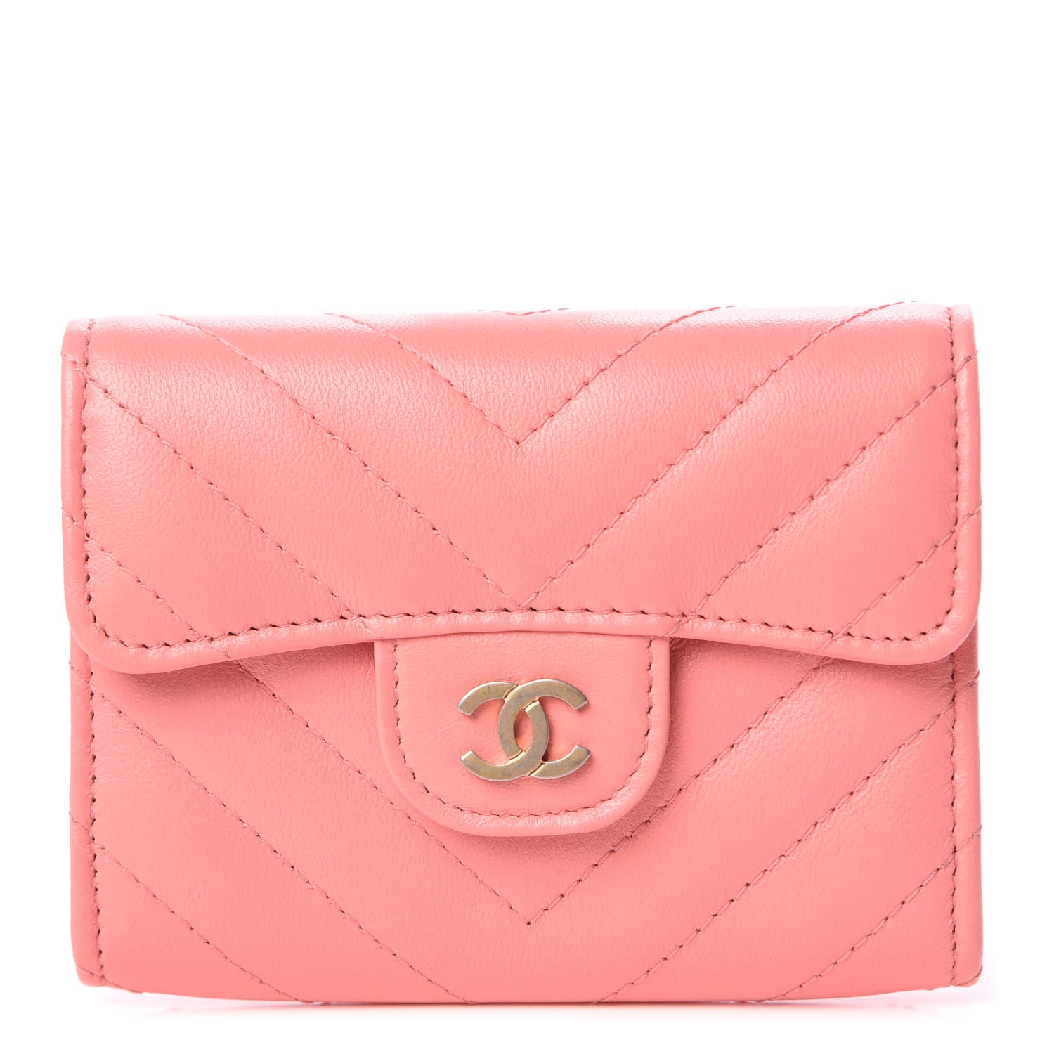 Chanel Lambskin Chevron Quilted Card Holder Coral 1 of 9