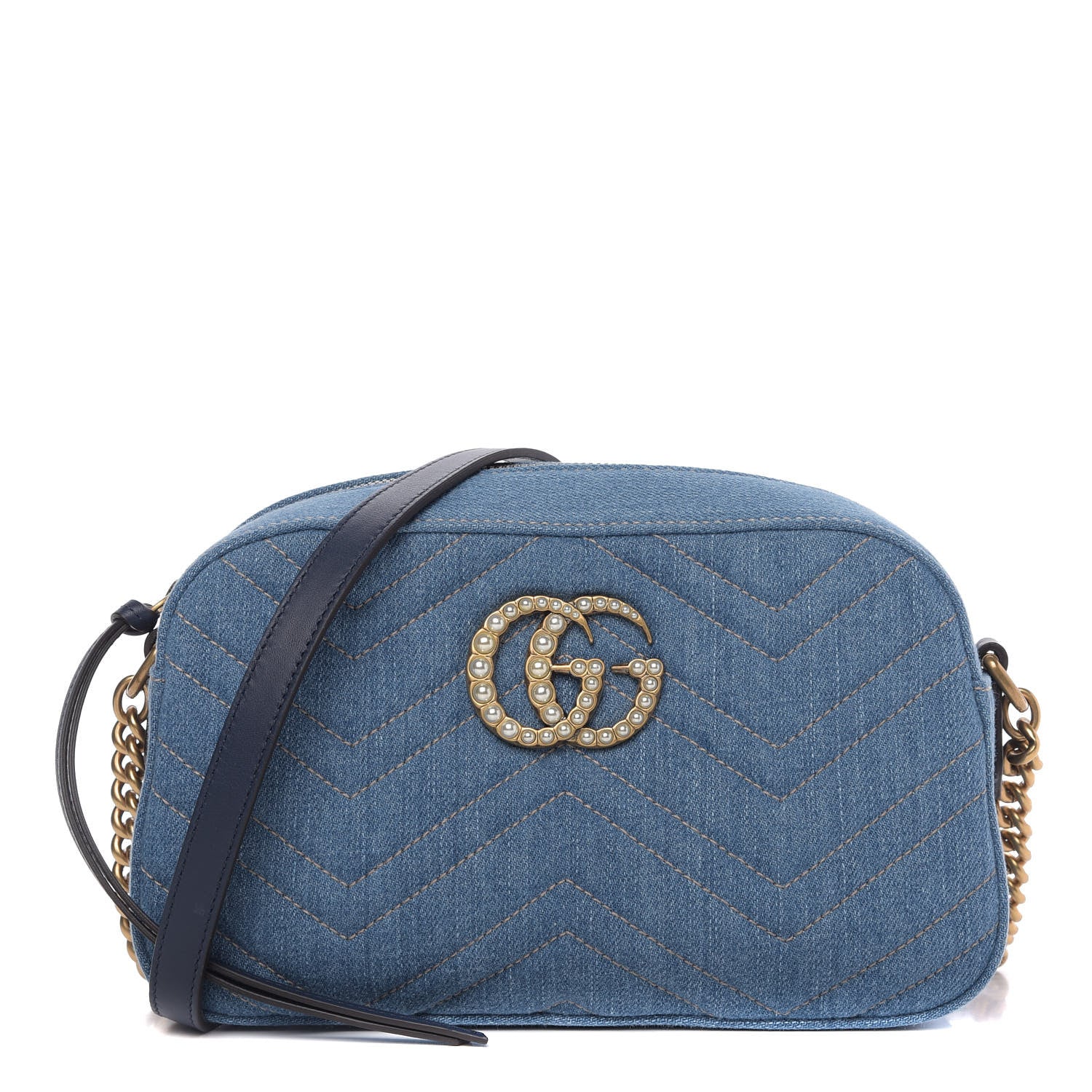 Gucci Denim Matelasse Small Pearly GG Marmont Chain Shoulder Bag Blue 1 of 10