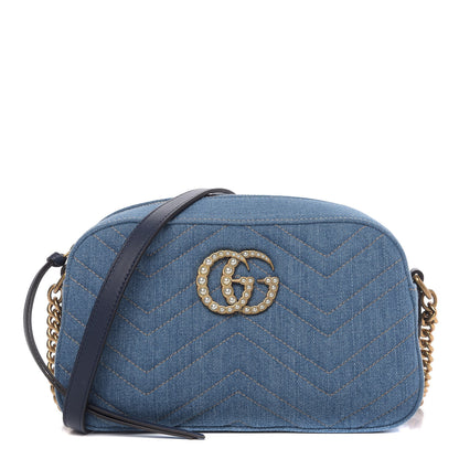 Gucci Denim Matelasse Small Pearly GG Marmont Chain Shoulder Bag Blue 1 of 10