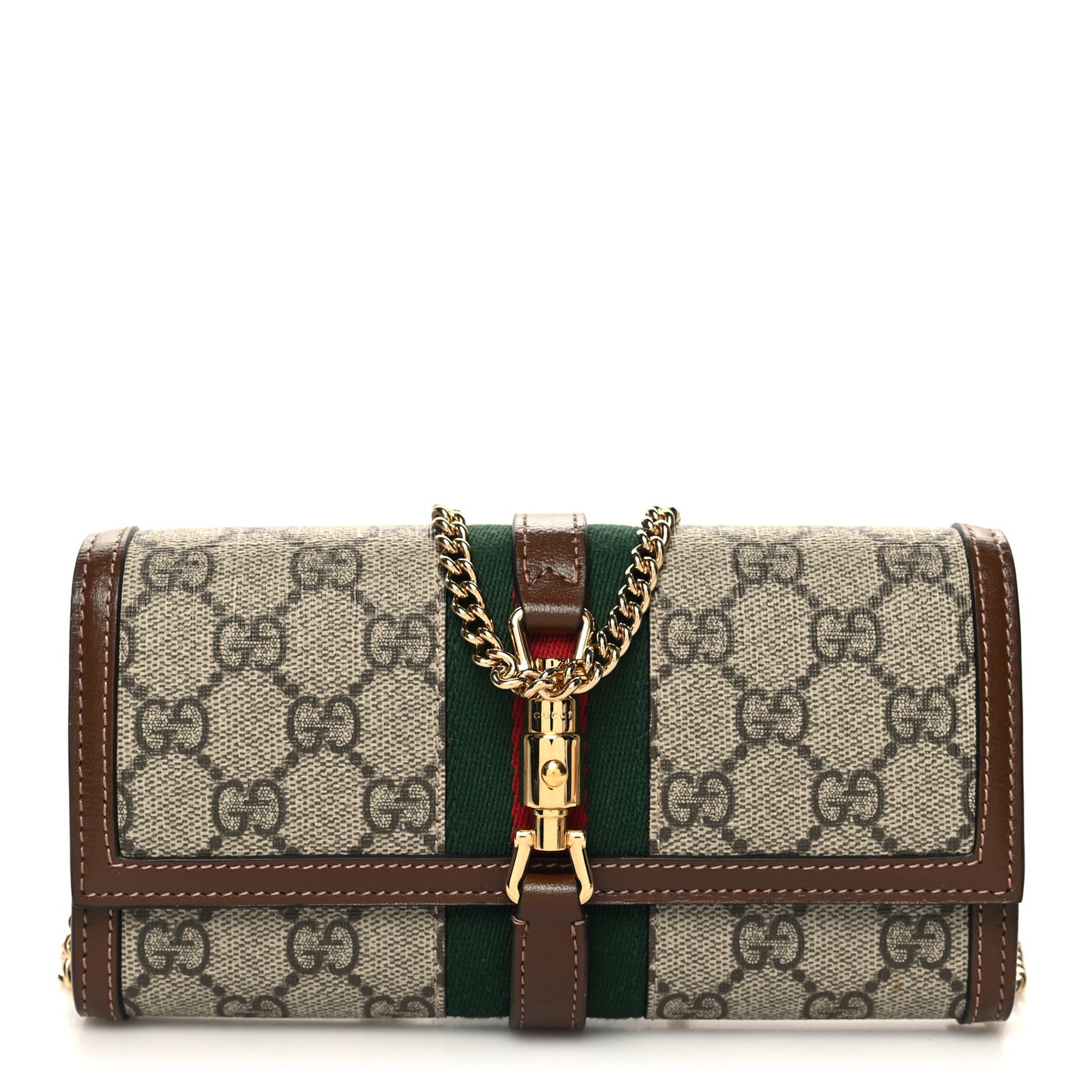 GG Supreme Monogram Azalea Calfskin Web Jackie 1961 Chain Wallet Beige Ebony Brown Sugar