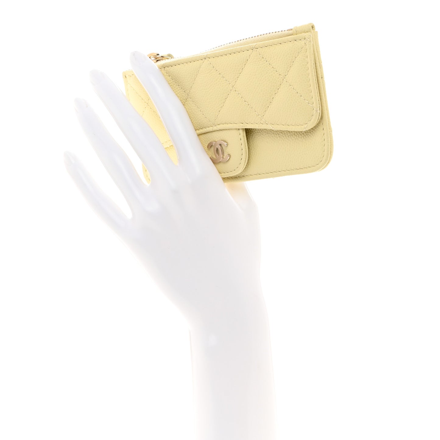 Caviar Quilted Flap Zip Card Holder Light Yellow