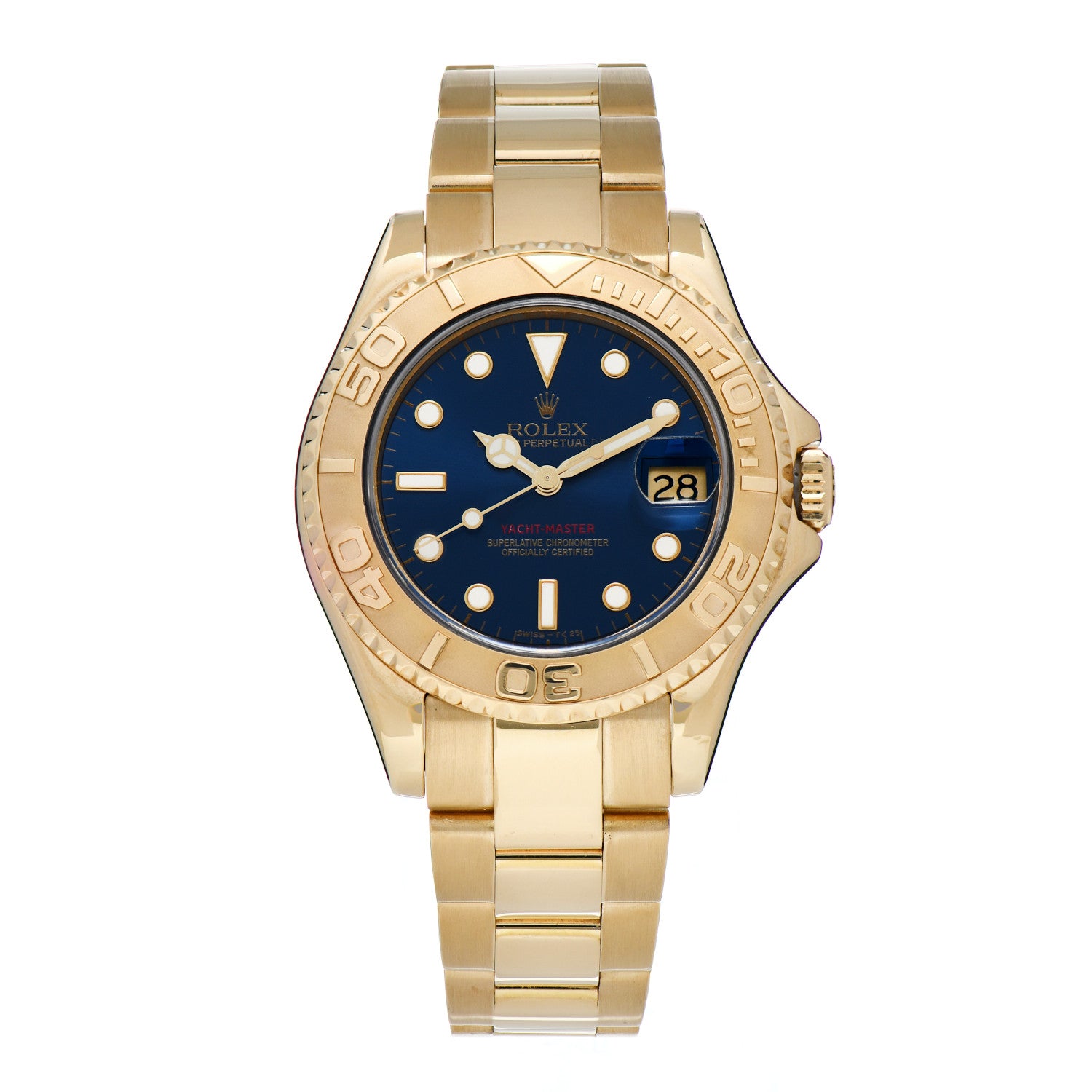 Rolex 18K Yellow Gold 35mm Oyster Perpetual Date Yacht-Master Watch Blue 68628 1 of 4