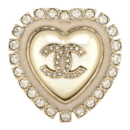 Chanel Resin Crystal CC Logo Heart Brooch Pearly White Gold 1 of 5