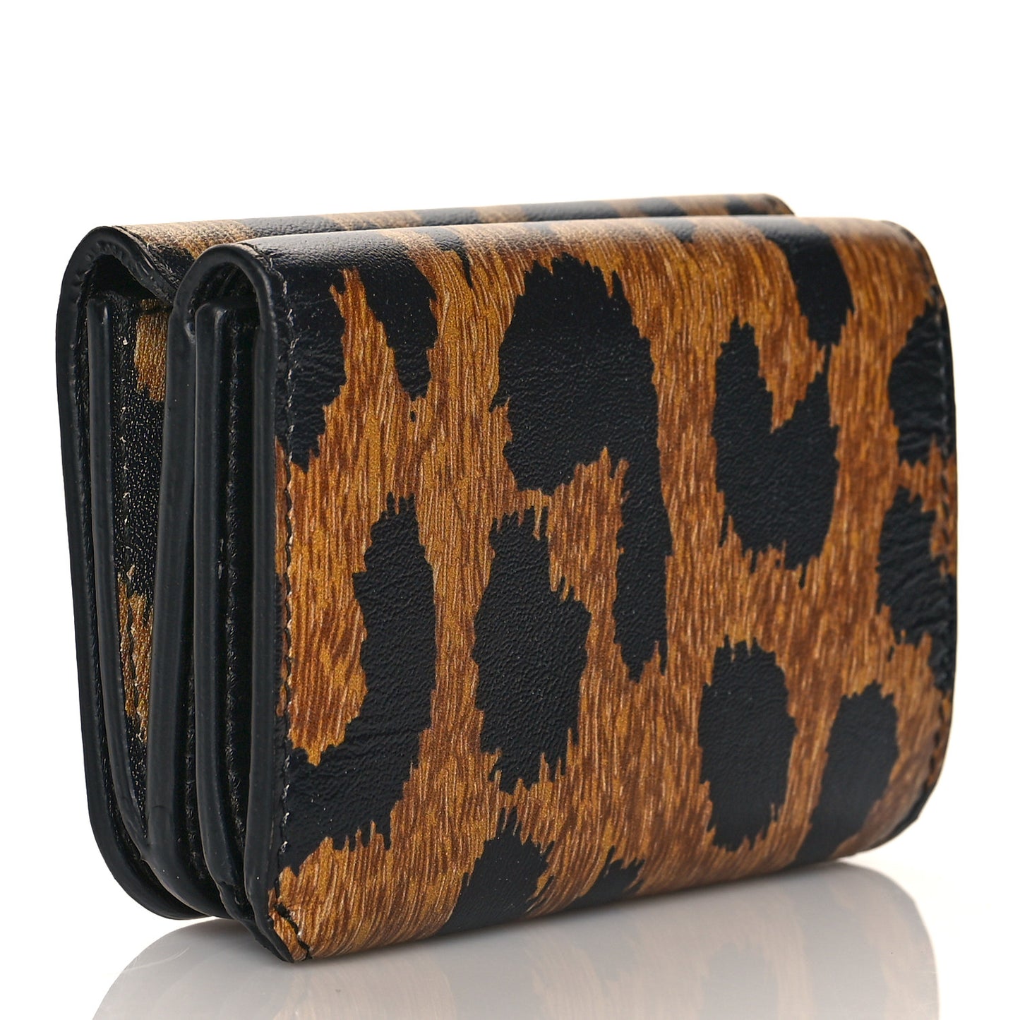 Calfskin Leopard Print Logo Everyday Mini Wallet Black