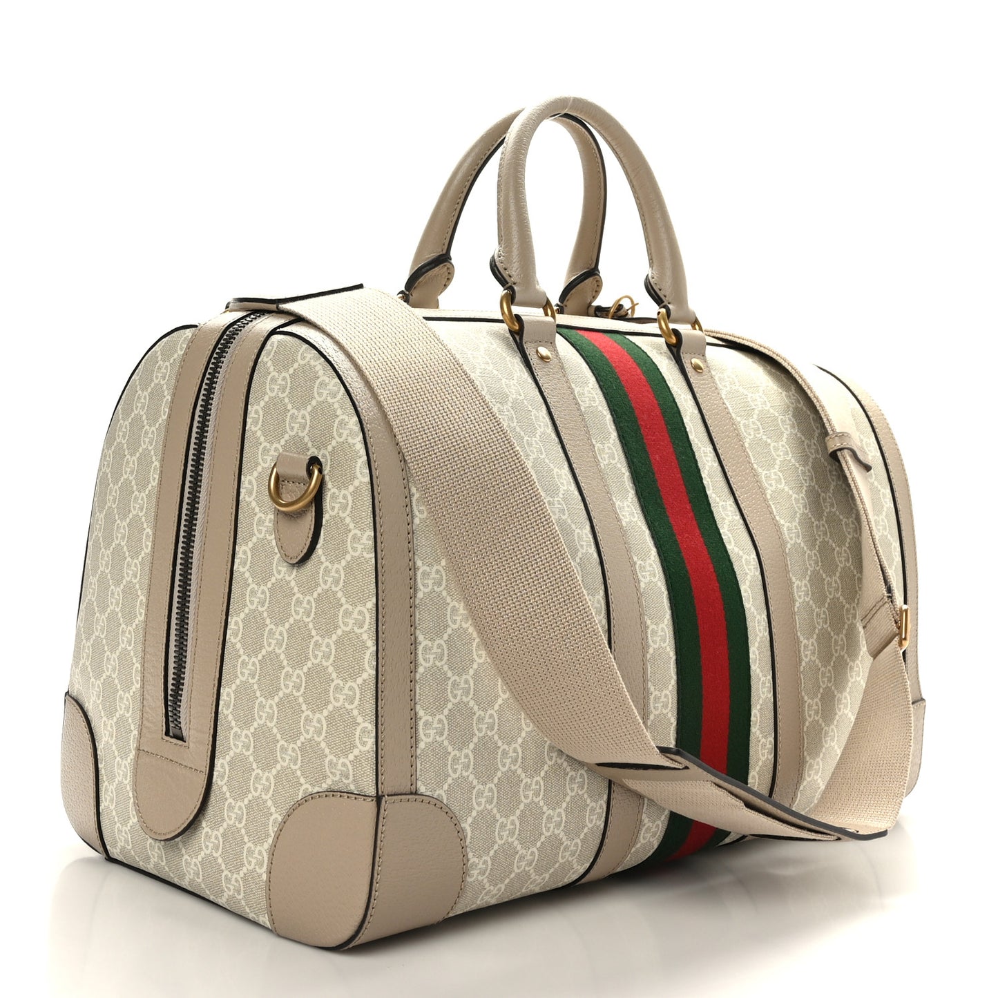 GG Supreme Monogram Textured Dollar Calfskin Web Small Savoy Duffle Bag Beige Mystic White Oatmeal