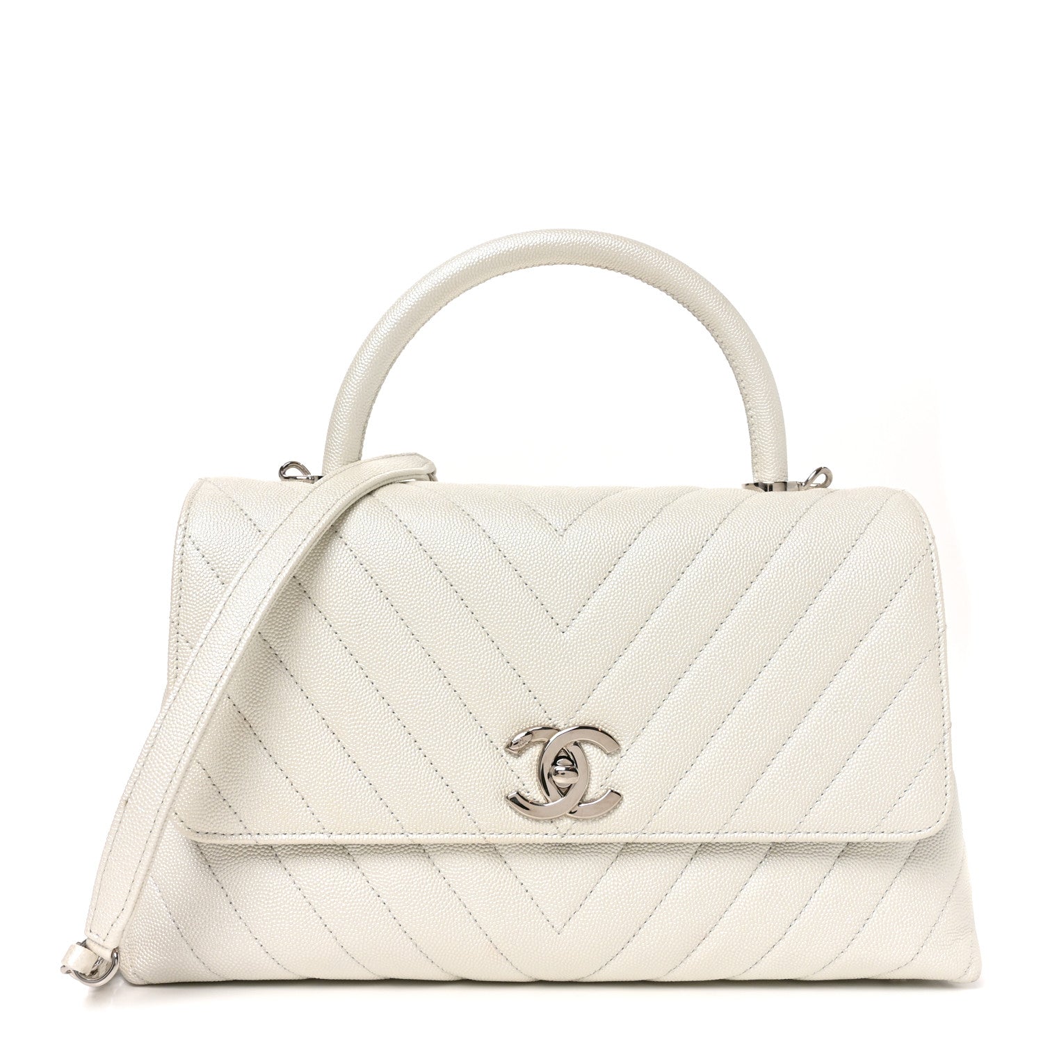 Chanel Iridescent Caviar Chevron Quilted Small Coco Handle Flap White 1 of 10