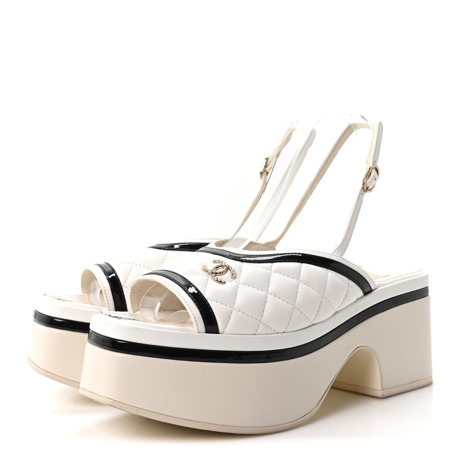 Chanel Lambskin Patent Quilted CC Platform Sandals 37.5 White Black 4 of 9