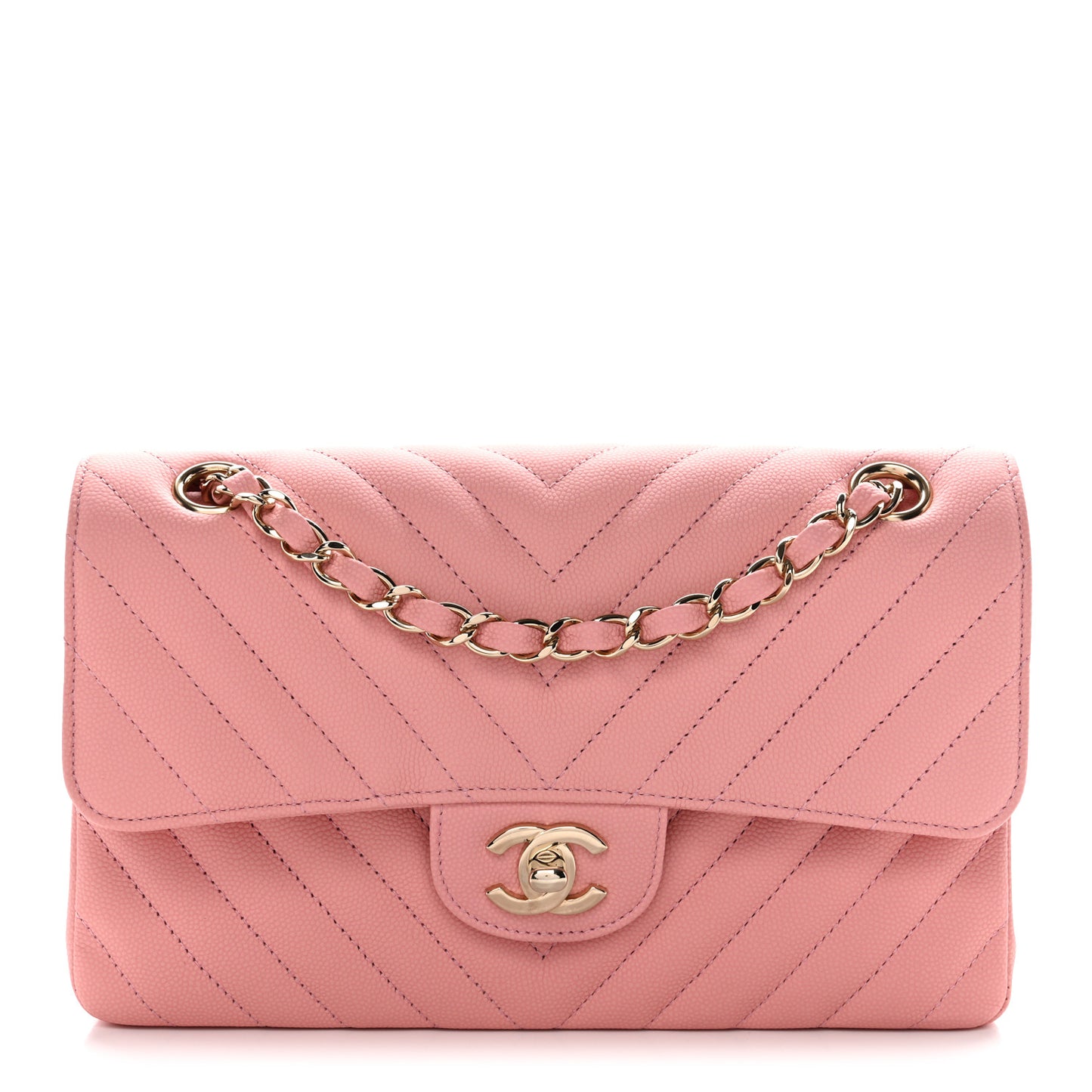 Caviar Chevron Quilted Small Double Flap Pink