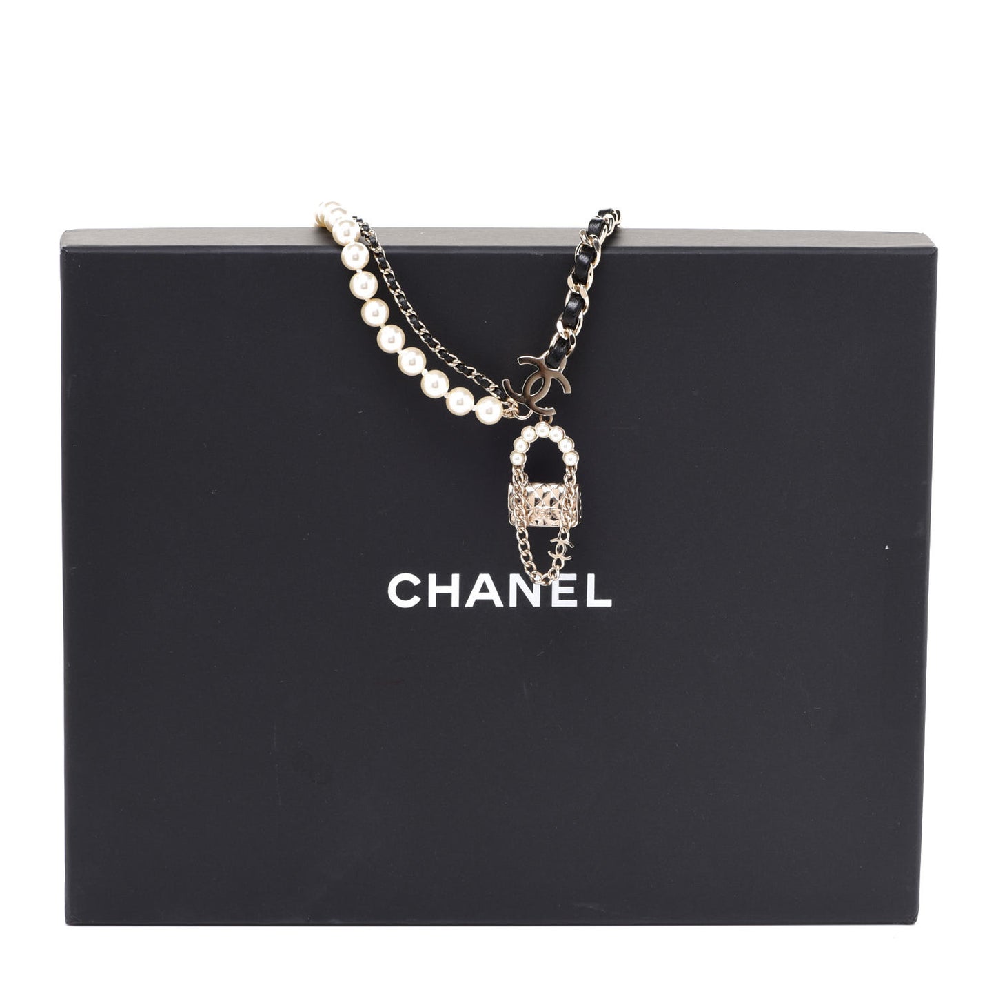 Lambskin Pearl Quilted Flap Necklace Gold Black Pearly White