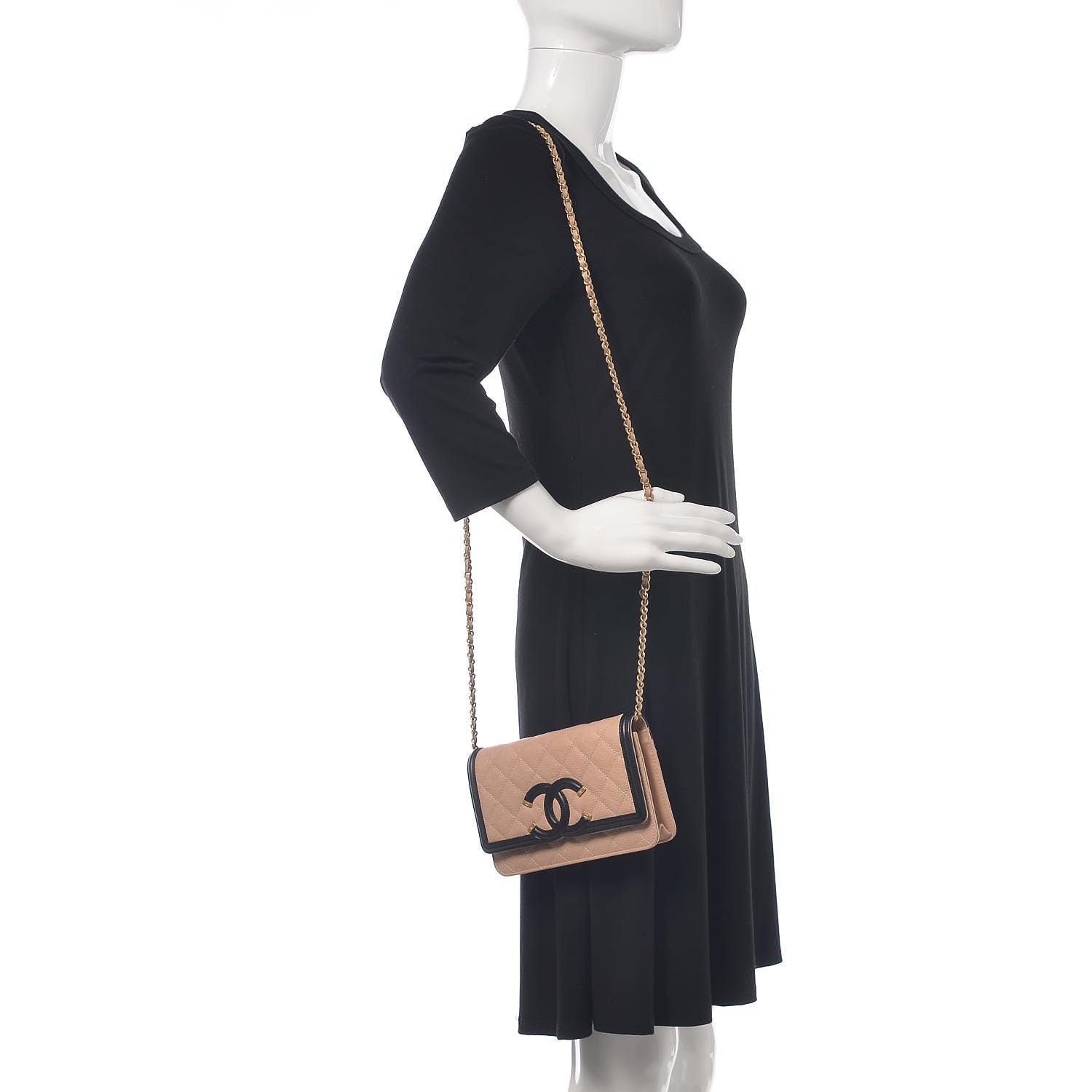 Chanel Caviar Quilted CC Filigree Wallet On Chain WOC Beige Black 2 of 12