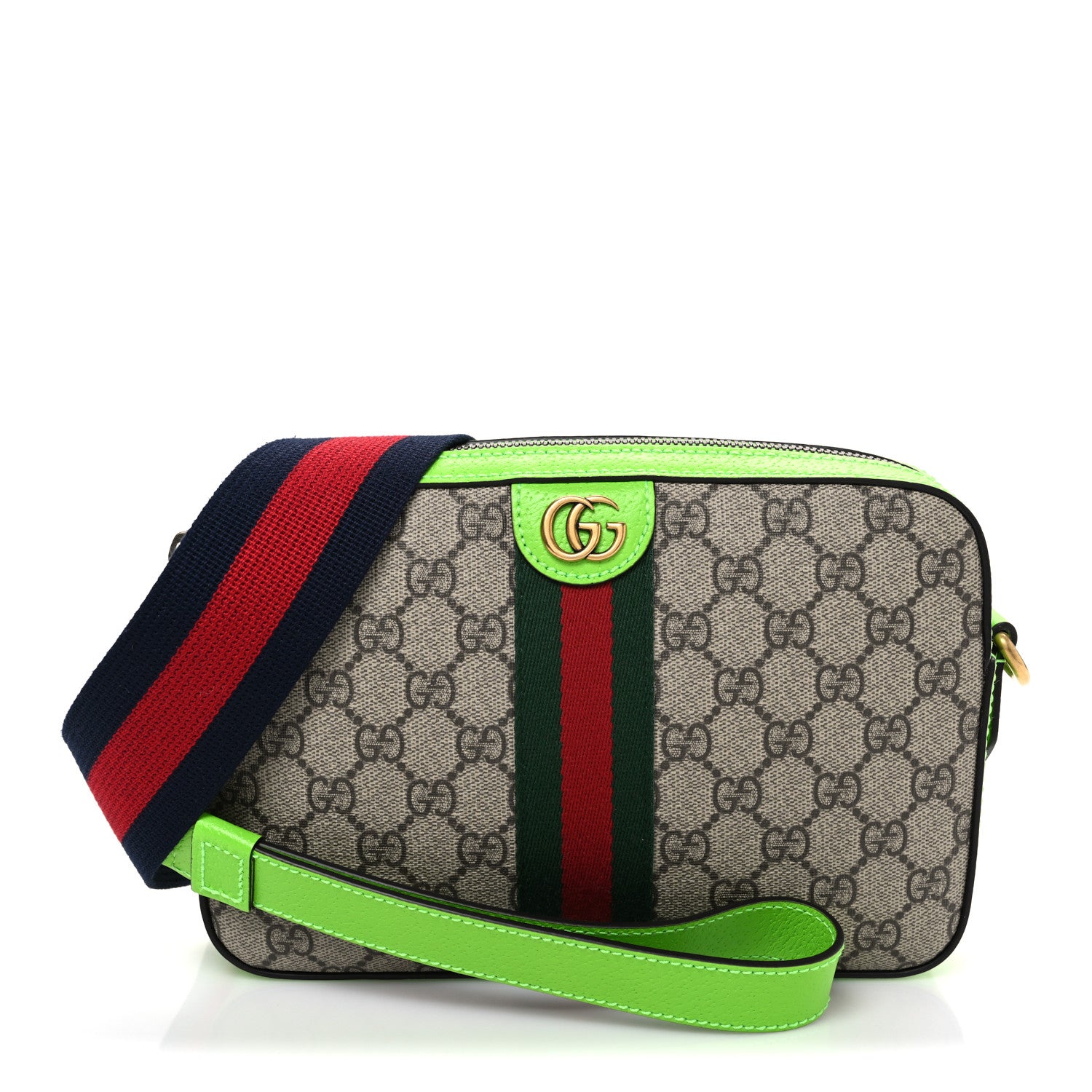 Gucci GG Supreme Monogram Textured Dollar Calfskin Web Ophidia Wristlet Shoulder Bag Beige Ebony Green 1 of 10