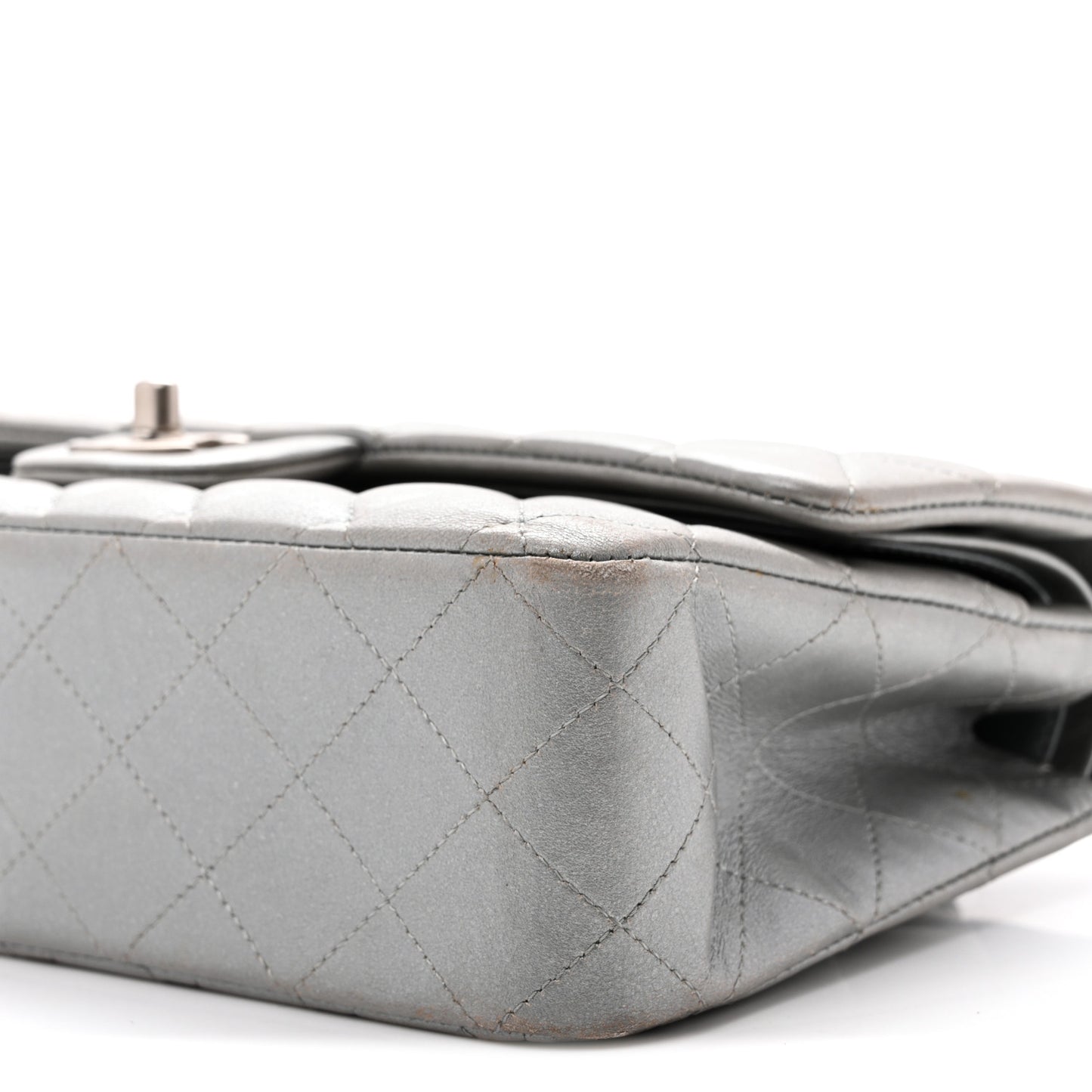 Metallic Lambskin Quilted Medium Double Flap Silver