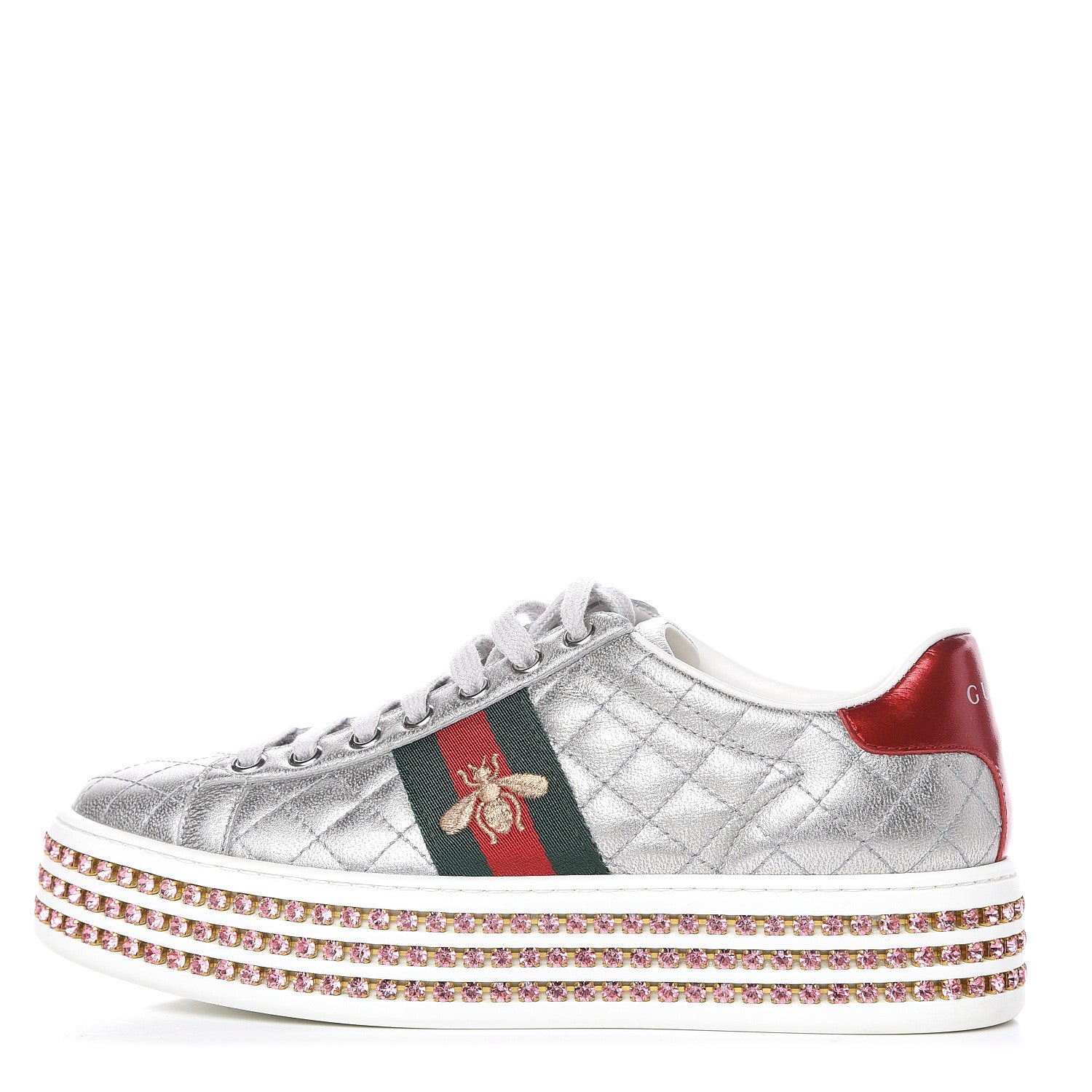 Gucci Laminated Nappa Crystal Web Bee Embroidered Trapuntata Womens Ace Platform Sneakers 37 Argento 1 of 9