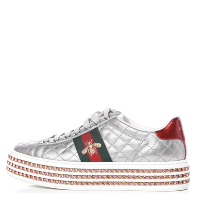 Gucci Laminated Nappa Crystal Web Bee Embroidered Trapuntata Womens Ace Platform Sneakers 37 Argento 1 of 9