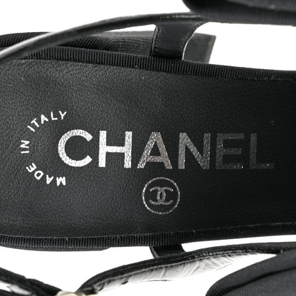 Chanel Crumpled Shiny Fabric Grosgrain Cap Toe Camellia Bow Slingback Pumps 37 Black 8 of 10