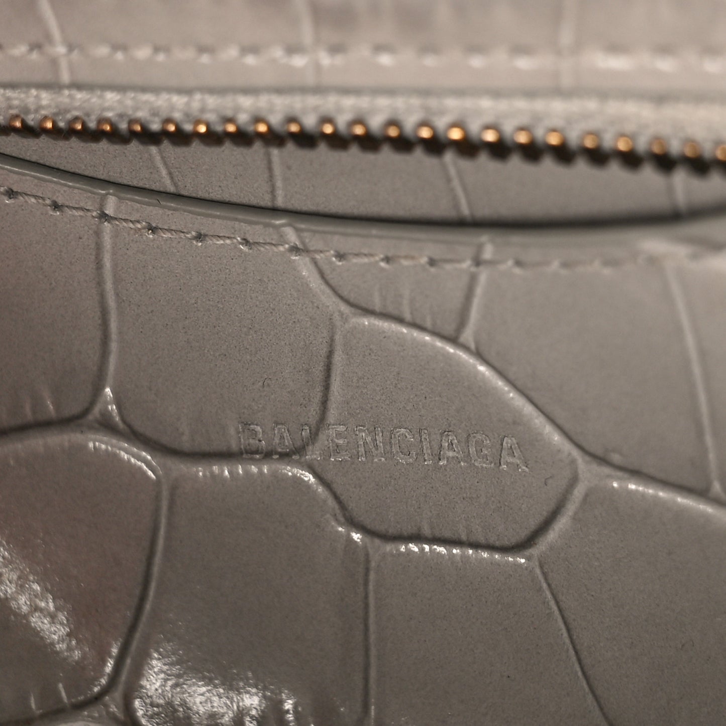 Shiny Supple Calfskin Crocodile Embossed Neo Classic Gold Hardware Mini City Steel Grey