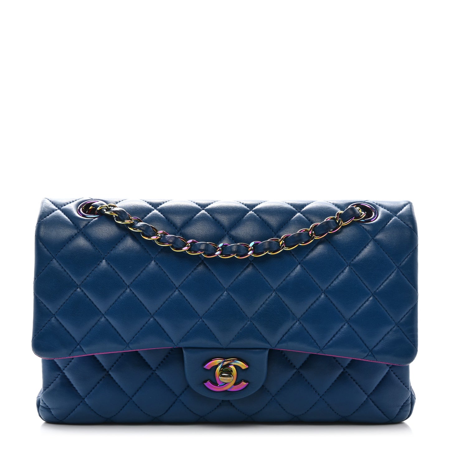 Lambskin Quilted Medium Double Flap Blue Pink