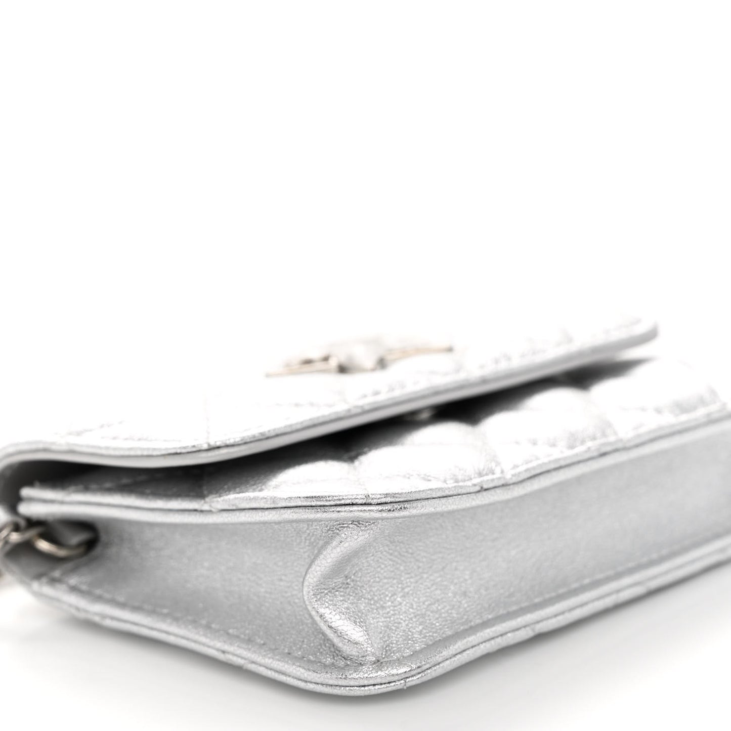 Metallic Goatskin Quilted Crystal CC Walk Of Fame Clutch With Chain Silver