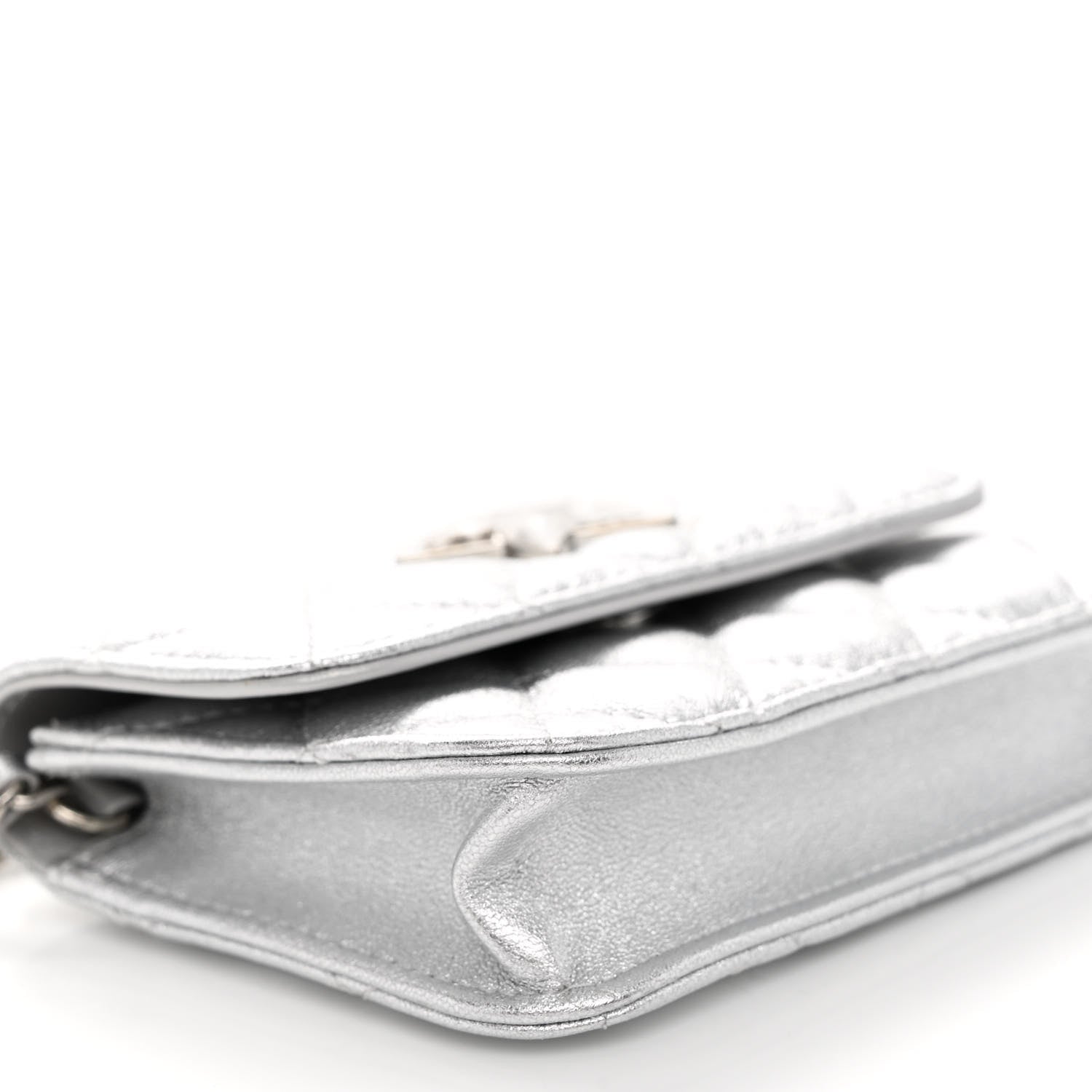 Chanel Metallic Goatskin Quilted Crystal CC Walk Of Fame Clutch With Chain Silver 11 of 13
